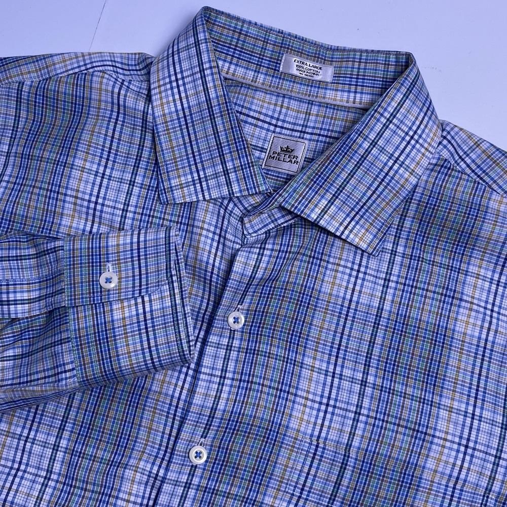 Peter Millar Men's XL Blue White Plaid Check Long Sleeve Button Up Dress Shirt